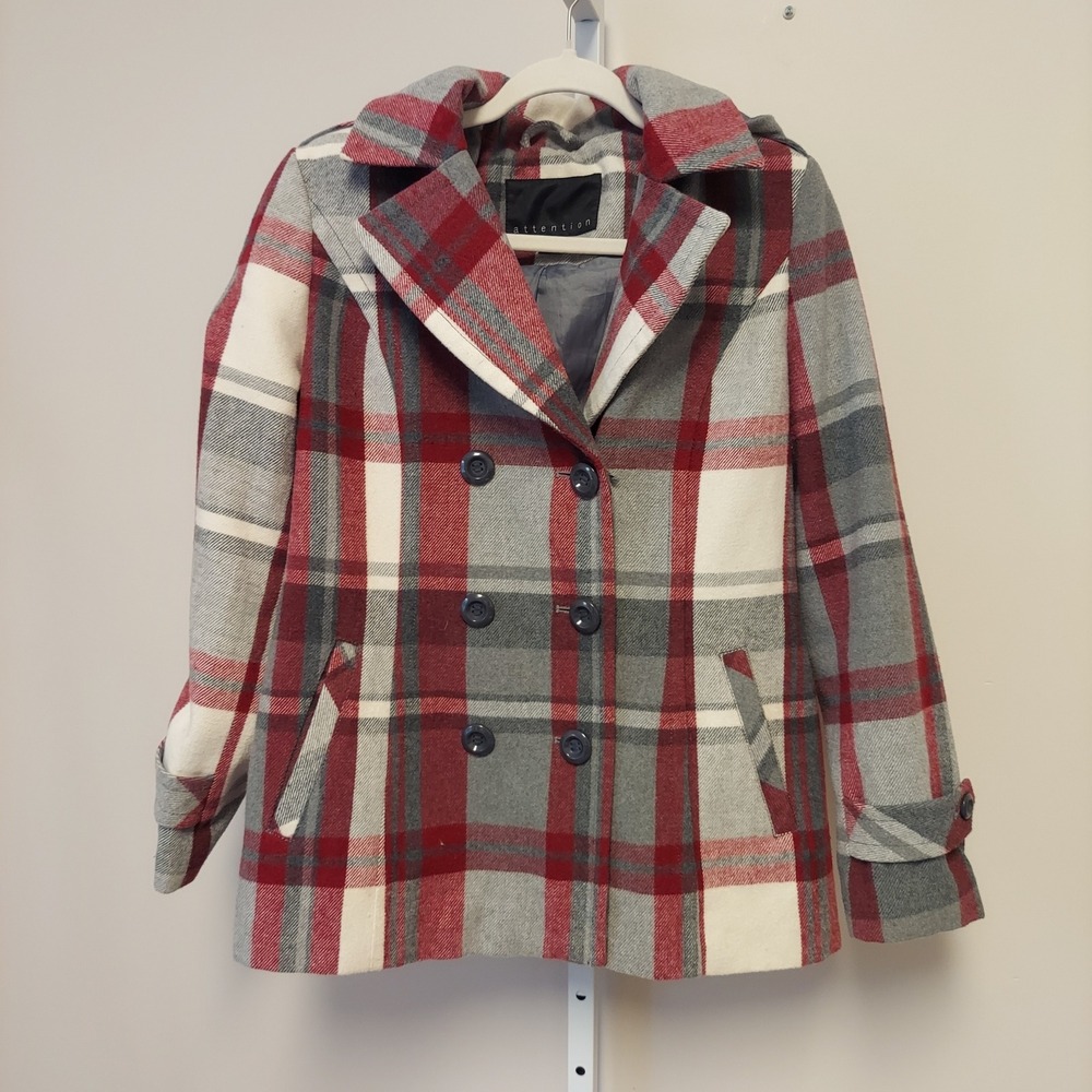 Attention Plaid Peacoat Removable Hood Wool Blend S Double Breasted Academic